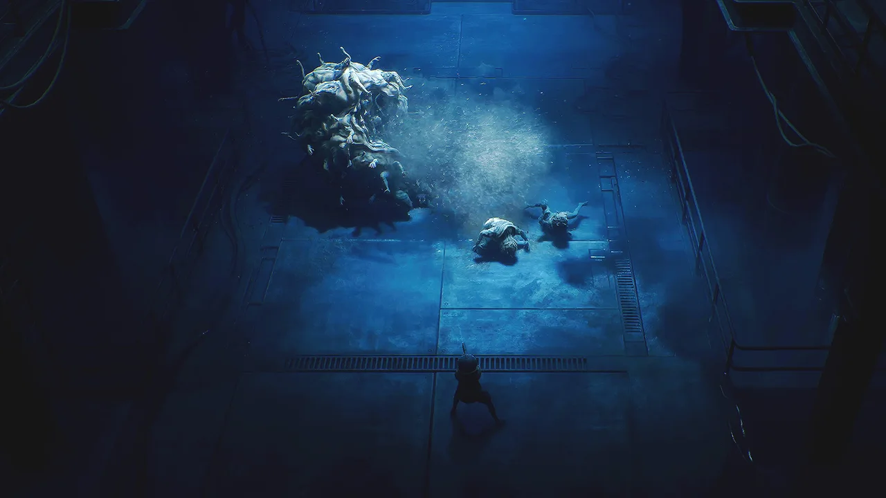 Cel faces a large creature in a blue-lit industrial chamber.