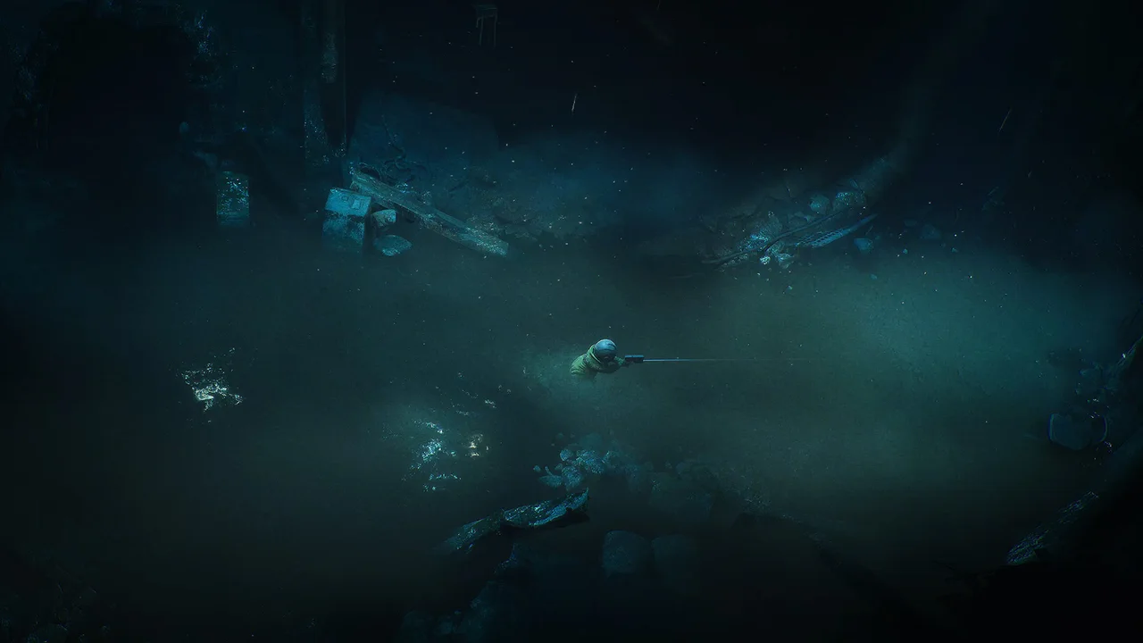 Cel moves through a dark flooded passage with her weapon raised.
